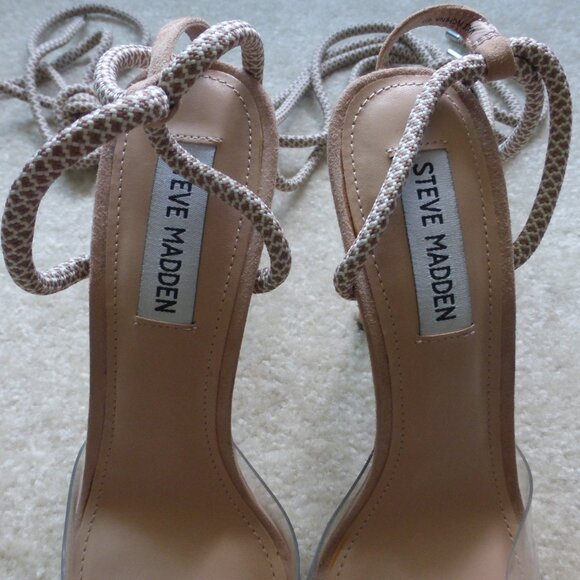STEVE MADDEN clear vinyl & nude faux suede pointy toe heels with long ties - Picture 4 of 10
